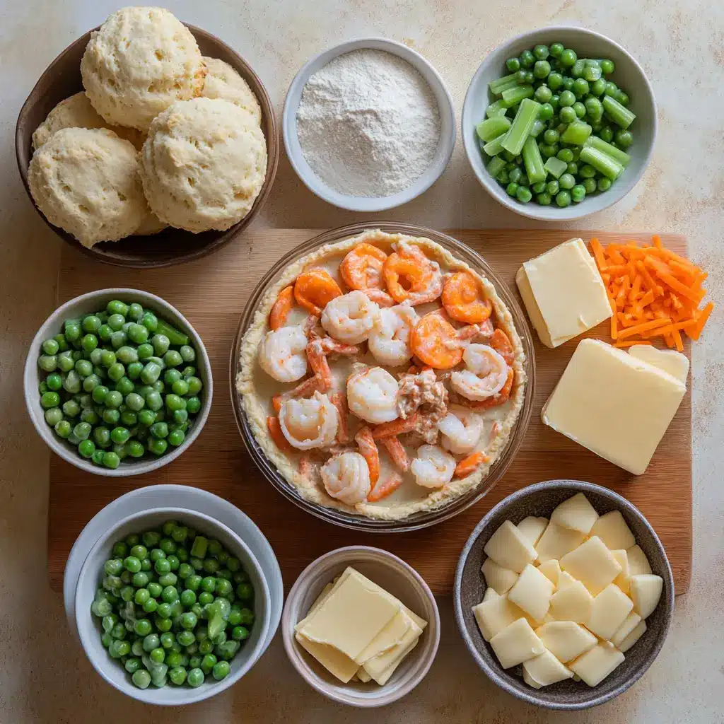 Ingredients for Cheddar Bay Biscuit Seafood Pot Pie displayed neatly