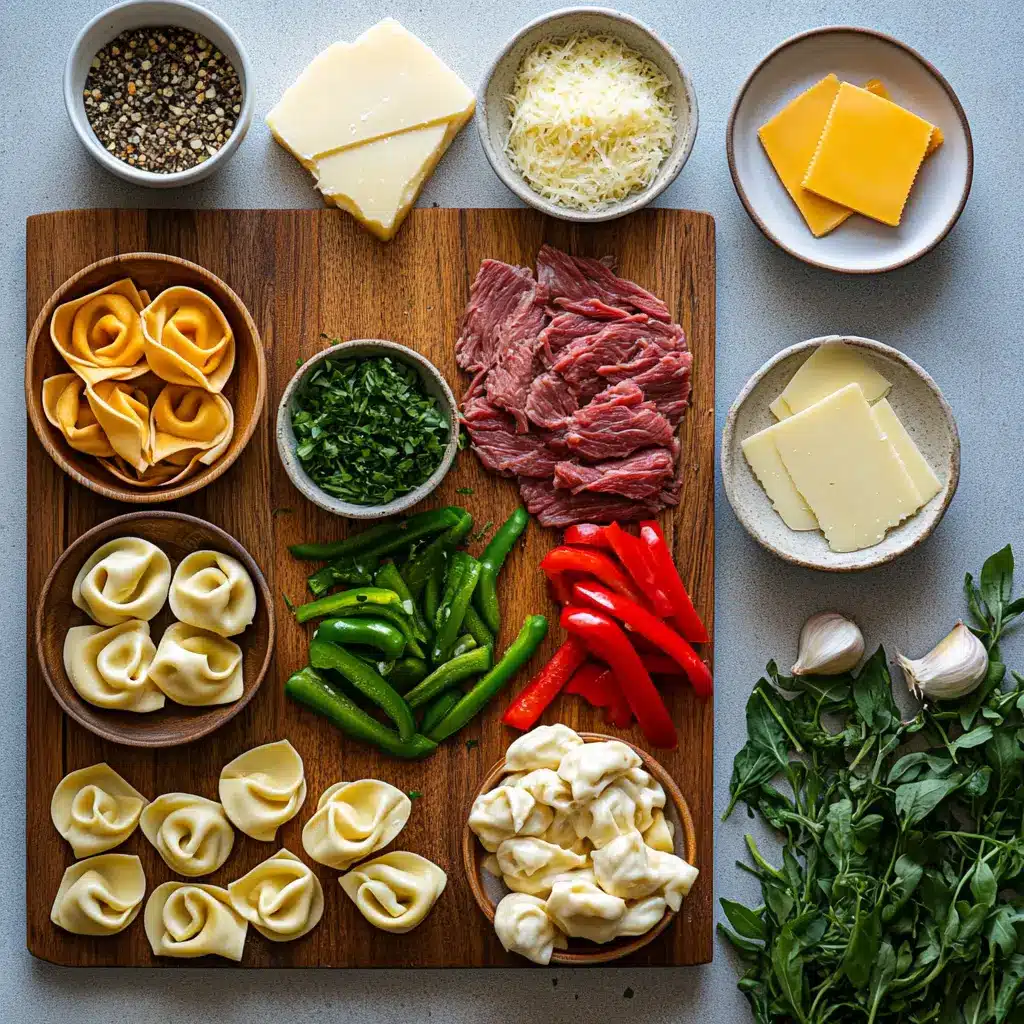 CHEESESTEAK TORTELLINI RICH PROVOLONE SAUCE centered hero view, clean and uncluttered