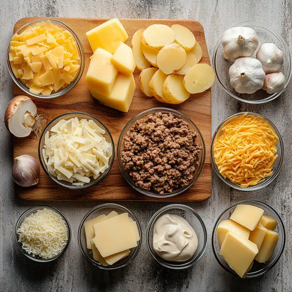 CHEESY HAMBURGER POTATO CASSEROLE centered hero view, clean and uncluttered