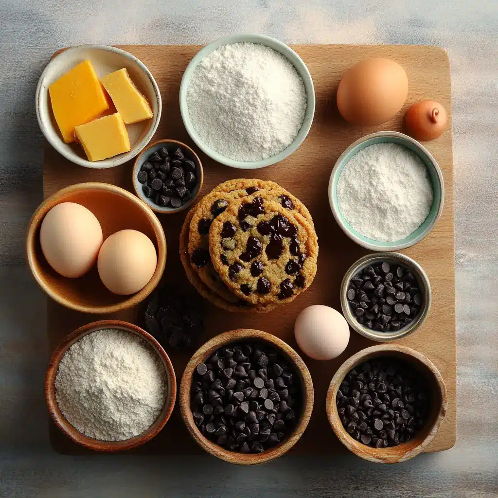 Ingredients for chewy chocolate chip cookies laid out neatly