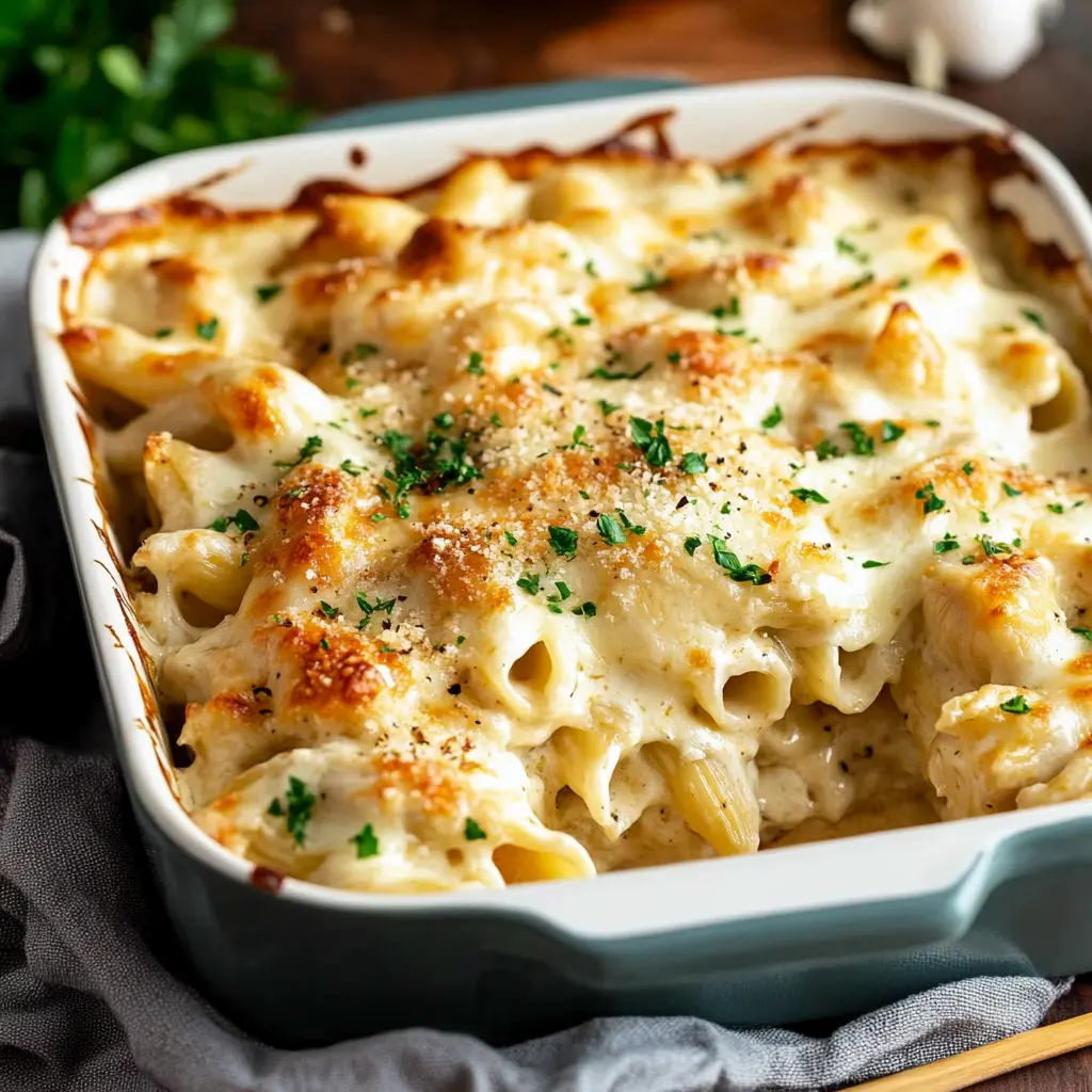 Chicken Alfredo Bake ingredients arranged neatly, clean and uncluttered