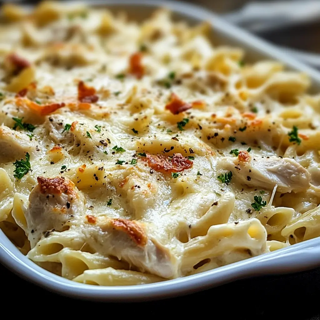 Chicken Alfredo Casserole centered hero view, clean and uncluttered