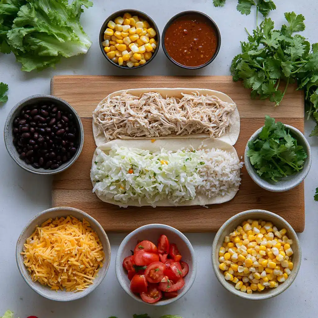 Ingredients for Chipotle Ranch Grilled Chicken Burrito, neatly arranged in bowls and jars