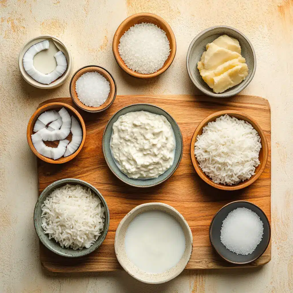 Ingredients for coconut rice prepared in Instant Pot or stove top, arranged neatly