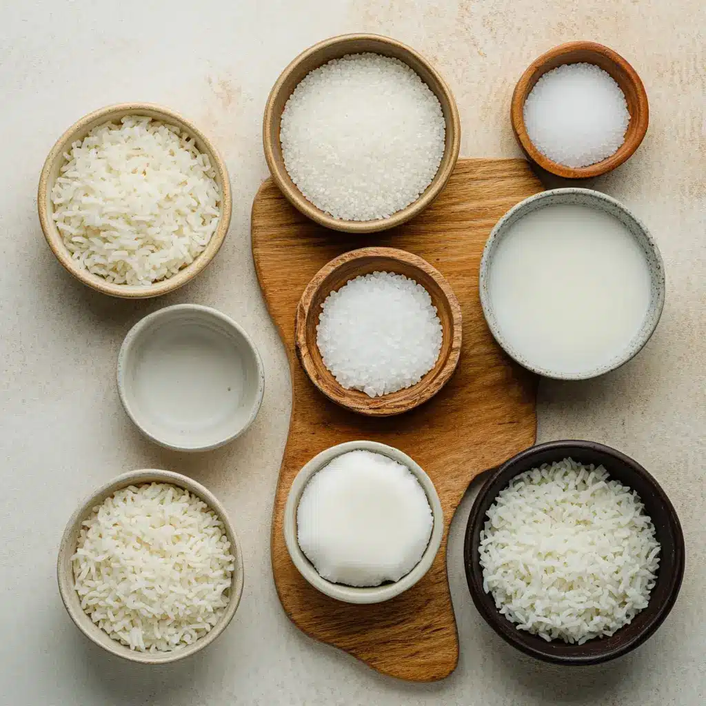 Ingredients for Coconut Rice Recipe displayed clearly on a clean surface