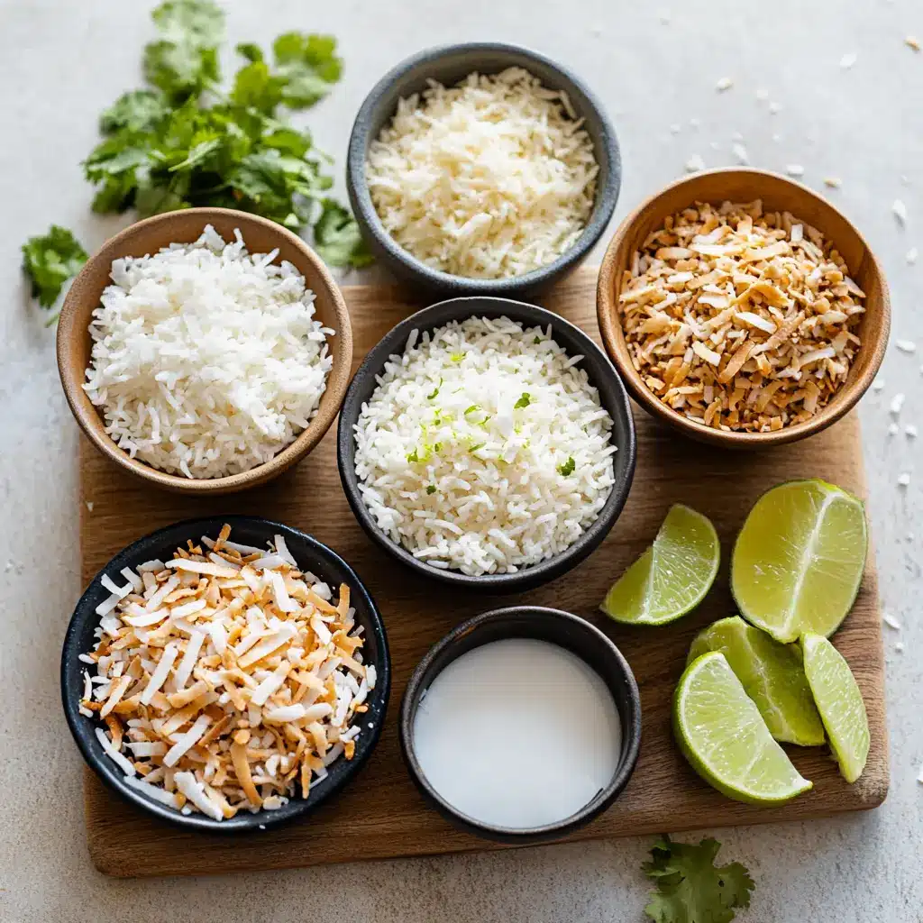 Close-up of ingredients for coconut rice, displayed neatly and clearly