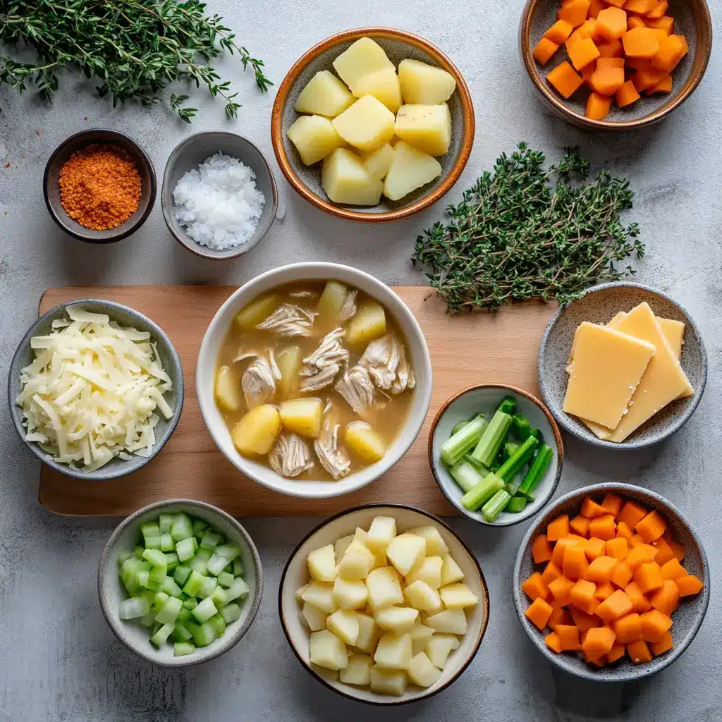 Comforting chicken soup with potatoes, centered hero view, clean and uncluttered