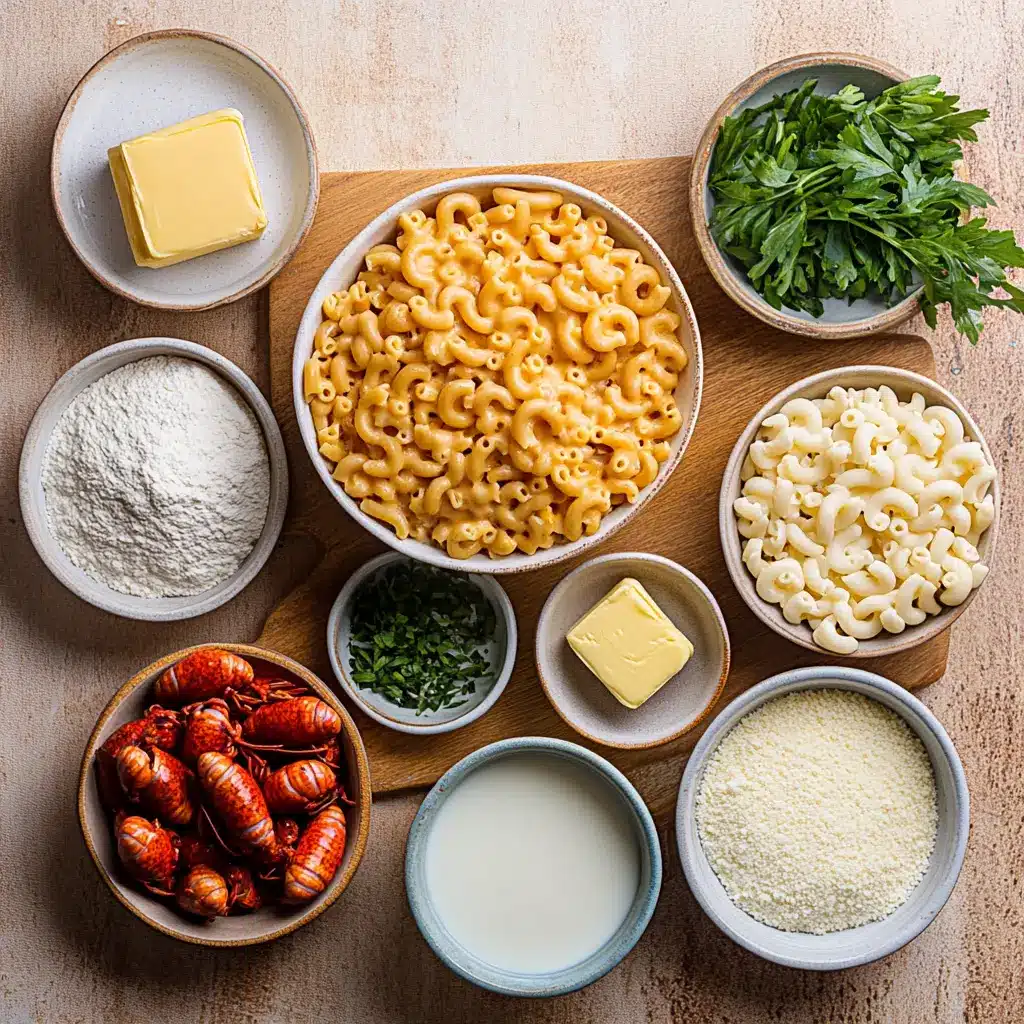 CRAWFISH MAC AND CHEESE centered hero view, clean and uncluttered