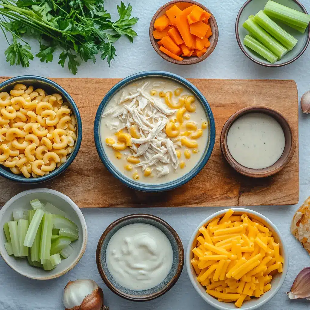Ingredients for creamy chicken macaroni cheese soup - fresh and ready to use