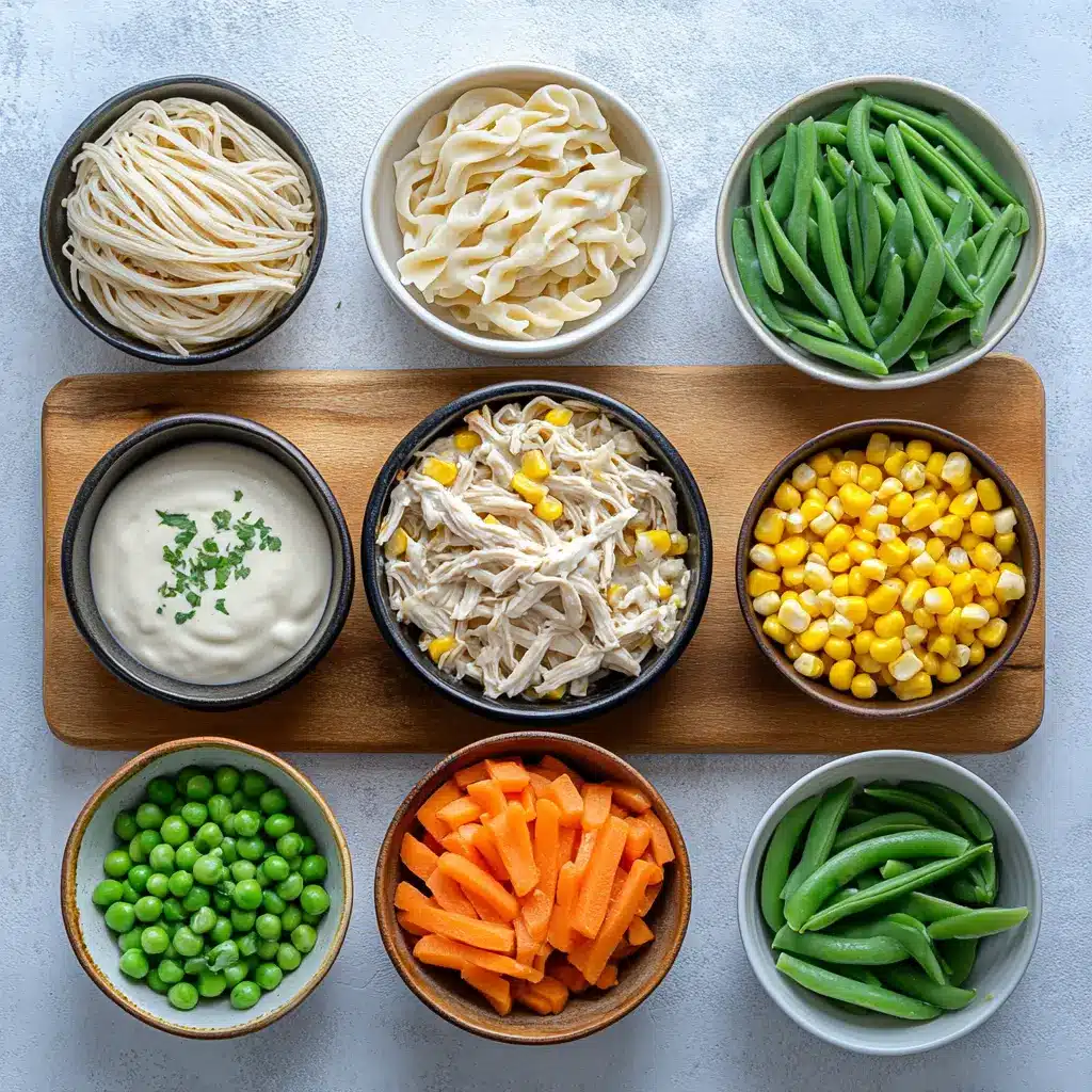 Ingredients for creamy chicken pot pie pasta, neatly arranged on a clean surface