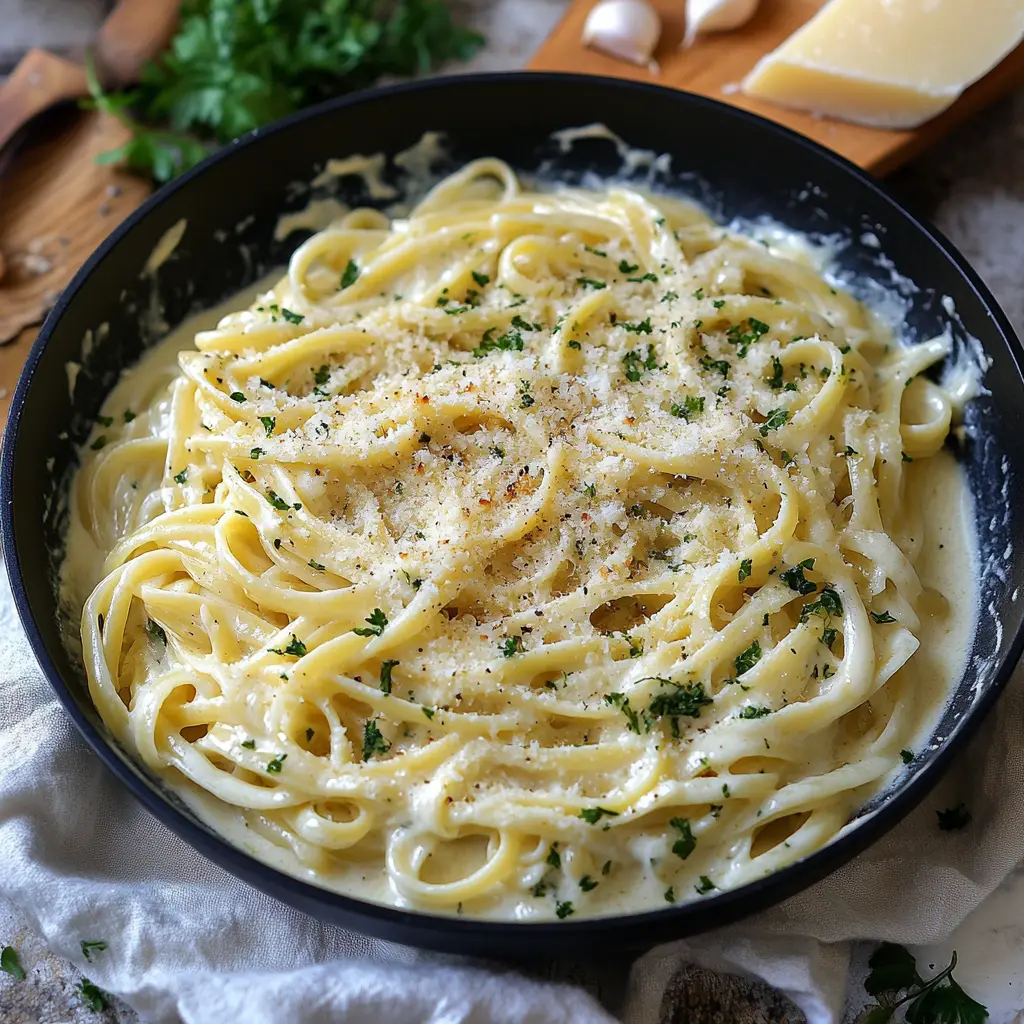 Ingredients for creamy garlic parmesan pasta displayed neatly