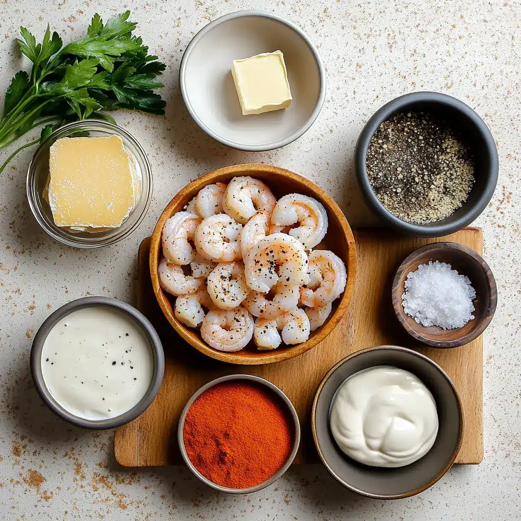 Close-up of ingredients for creamy garlic shrimp recipe