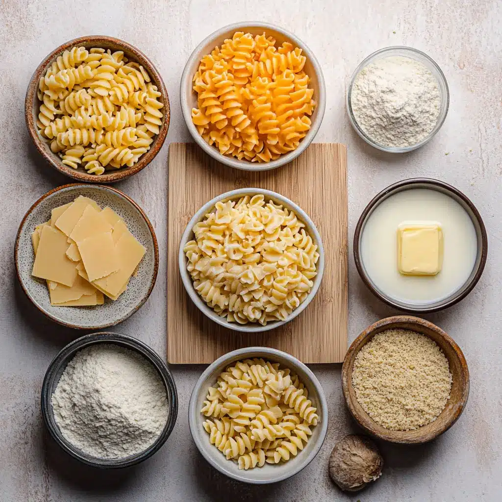 Creamy Gouda Mac and Cheese: Delicious Easy Recipe 6 Ingredients for creamy Gouda mac and cheese, neatly arranged