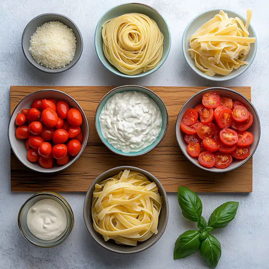 Creamy Tomato Garlic Pasta Recipe for a Delicious Meal 6 Ingredients for creamy tomato garlic pasta: fresh garlic, ripe tomatoes, heavy cream, fresh basil