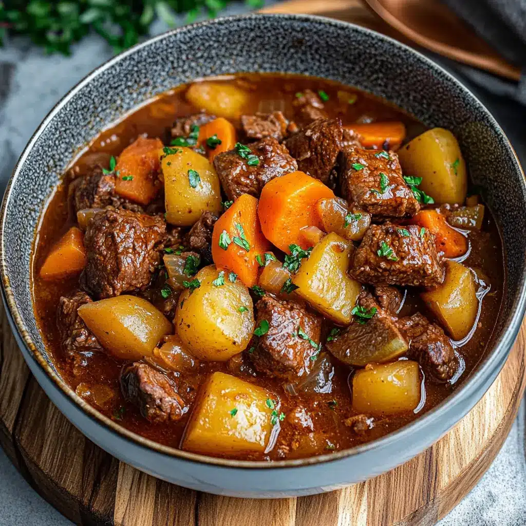 Easy Homemade Beef Stew for a Cozy Delicious Meal 6 Ingredients for EASY HOMEMADE BEEF STEW displayed in a clean, uncluttered arrangement