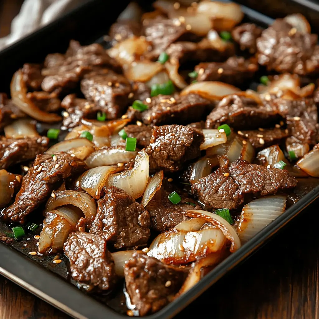 EASY SHEET PAN BEEF BULGOGI centered hero view, clean and uncluttered