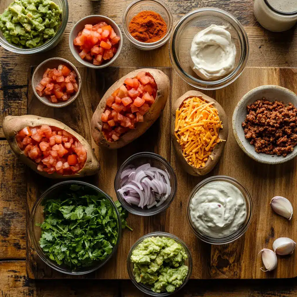 EASY TACO STUFFED SWEET POTATOES centered hero view, clean and uncluttered