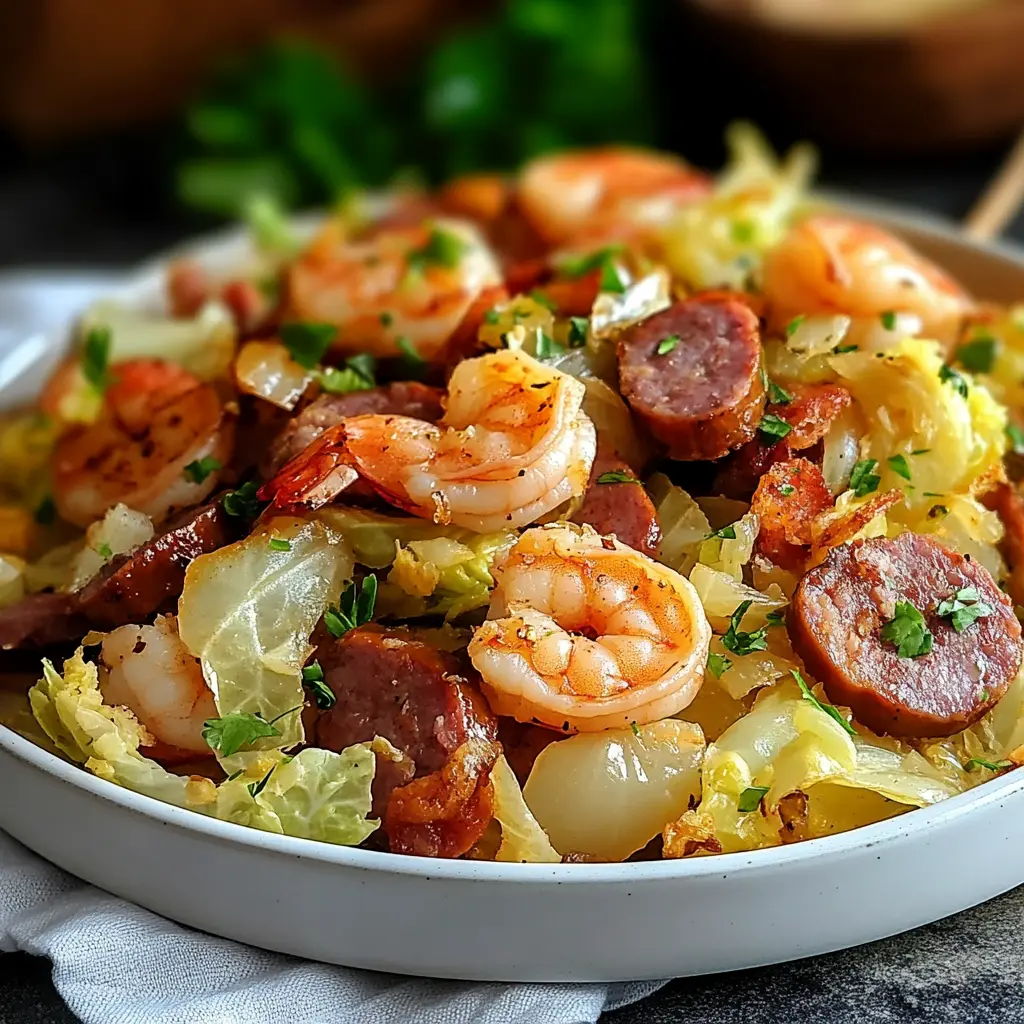 Fried Cabbage with Shrimp and Sausage Ultimate Recipe 6 Fried cabbage with shrimp and sausage ingredients arranged on the counter