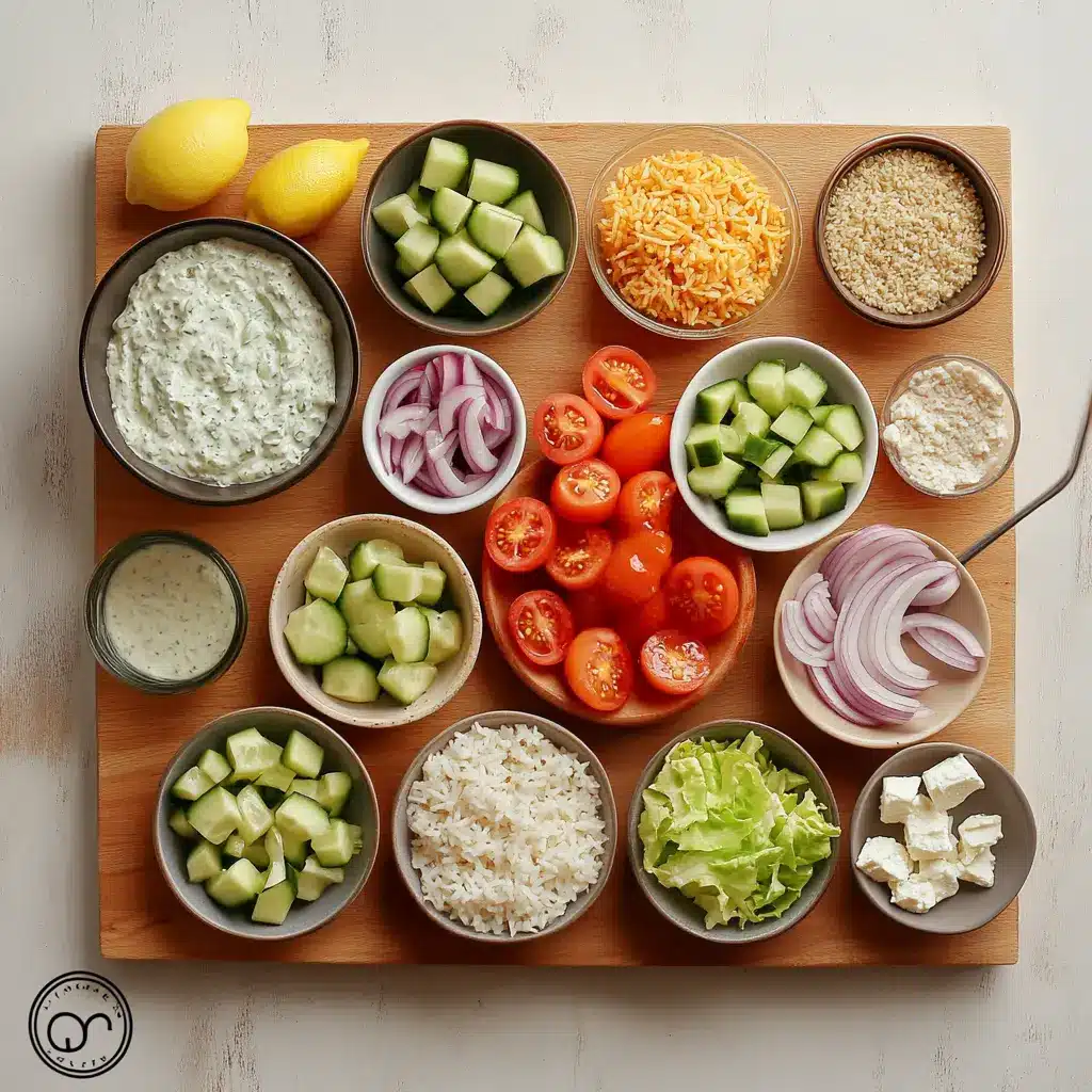 Greek Chicken Bowls: Easy and Irresistibly Delicious 6 Ingredients for Greek Chicken Bowls arranged on a clean surface