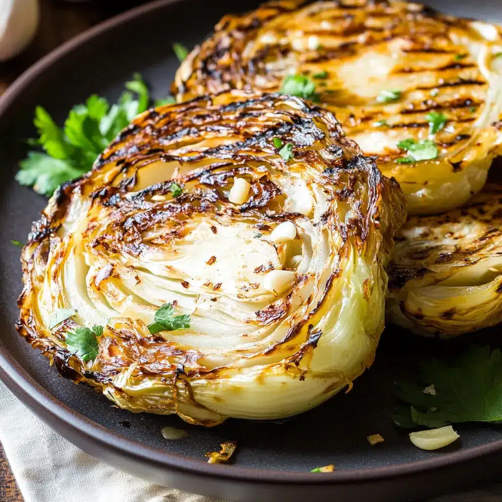 Grilled Garlic Cabbage Steaks Super Easy and Delicious 6 Grilled garlic cabbage steaks with ingredients displayed, clean and uncluttered