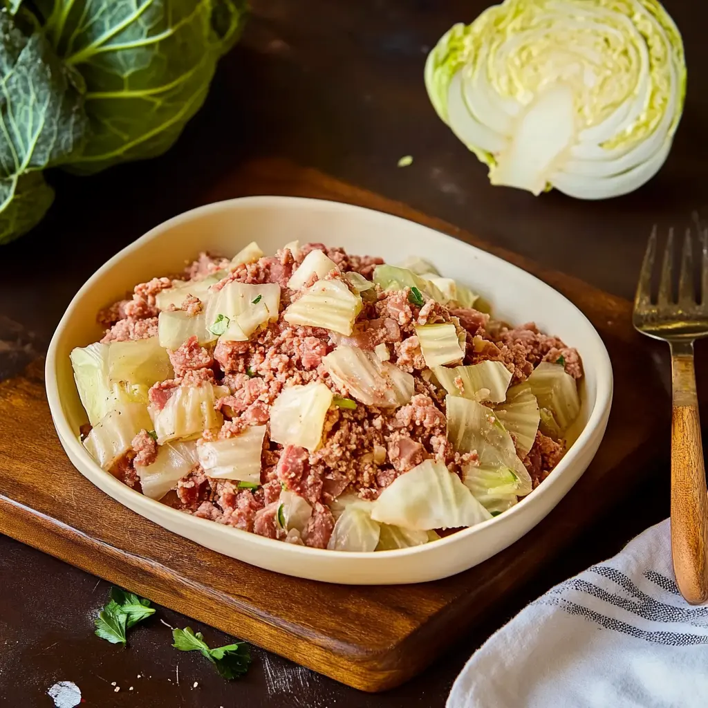 Ingredients for ground beef and cabbage recipe laid out neatly