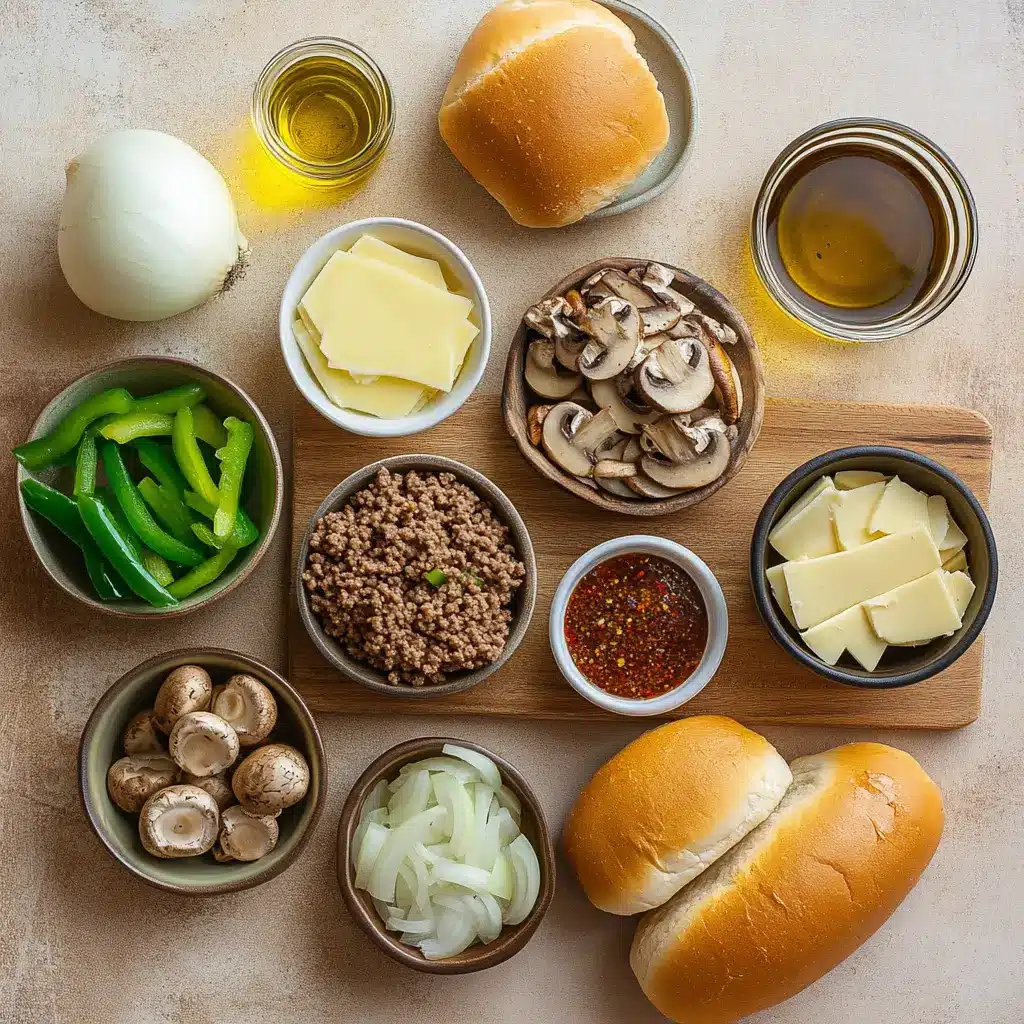 GROUND BEEF PHILLY CHEESESTEAKS centered hero view, clean and uncluttered