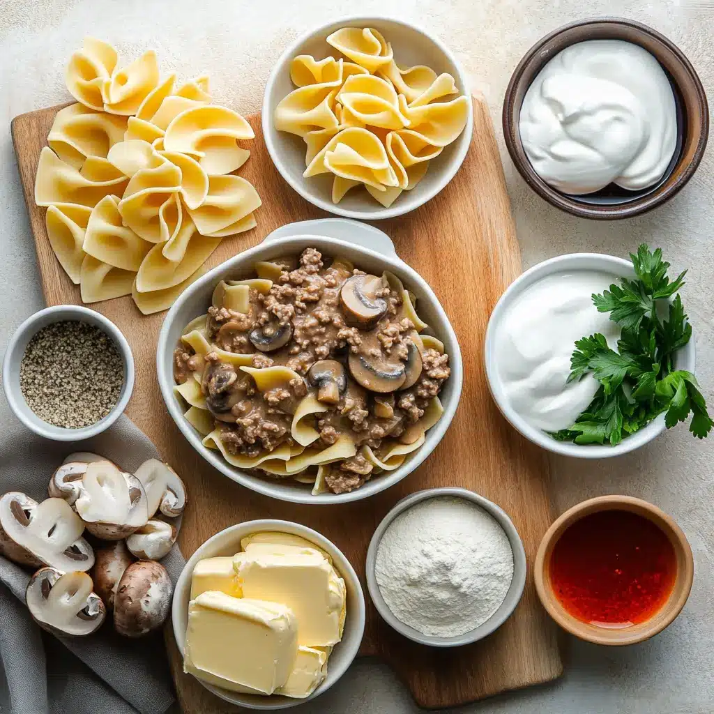GROUND BEEF STROGANOFF centered hero view, clean and uncluttered