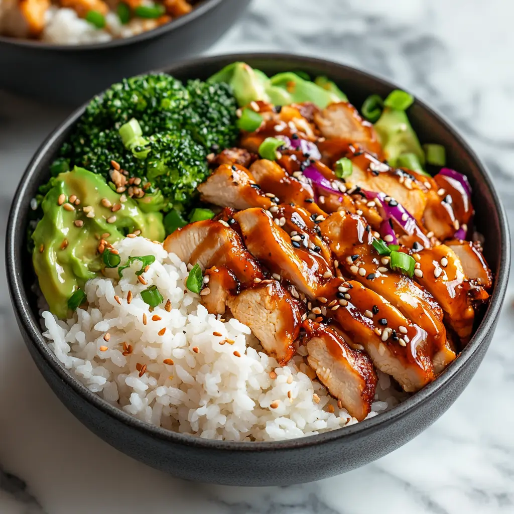 Healthy sticky chicken bowls ingredients laid out, clean and uncluttered