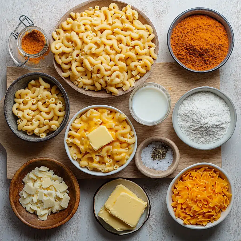 Homemade Mac and Cheese: Irresistibly Delicious Recipe 6 Ingredients for homemade mac and cheese neatly arranged on a clean surface