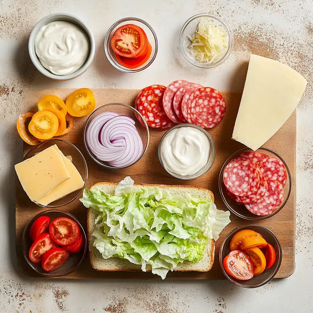 Italian Grinder Salad Sandwich ingredients arranged on a clean background
