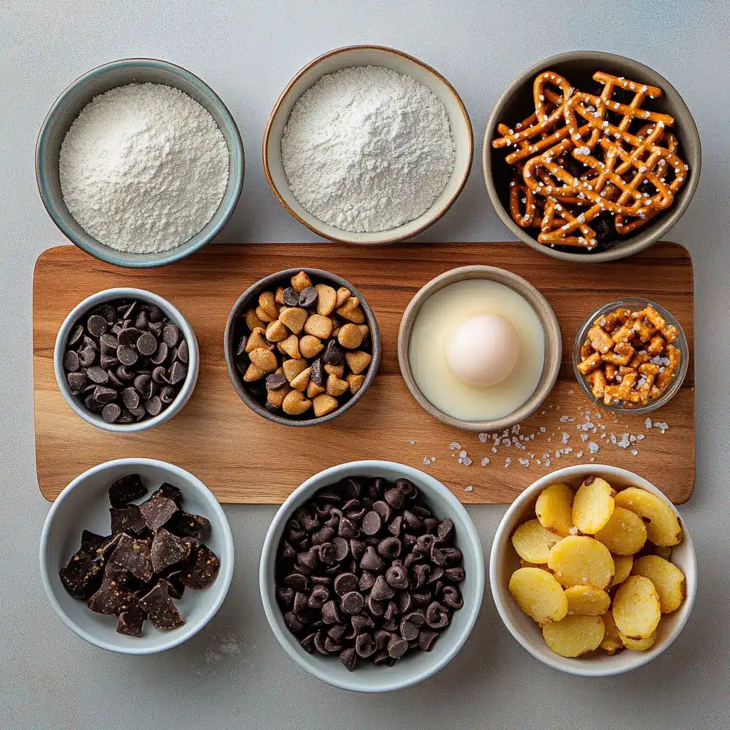 Close-up of freshly baked Kitchen Sink Cookies, showcasing the blend of chocolate chips, toffee, pretzels, and potato chips.