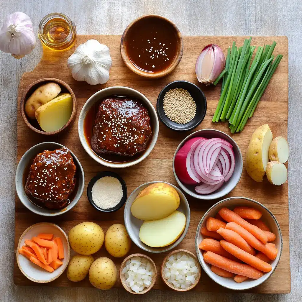 Korean Style Pot Roast Recipe Easy and Delicious 6 Korean style pot roast ingredients laid out on a clean surface