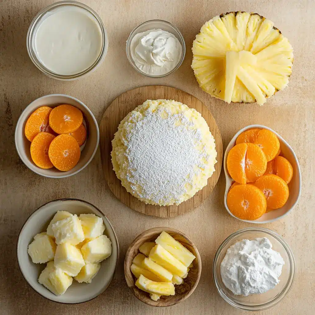 Ingredients for Million Dollar Cake displayed with clean and uncluttered background