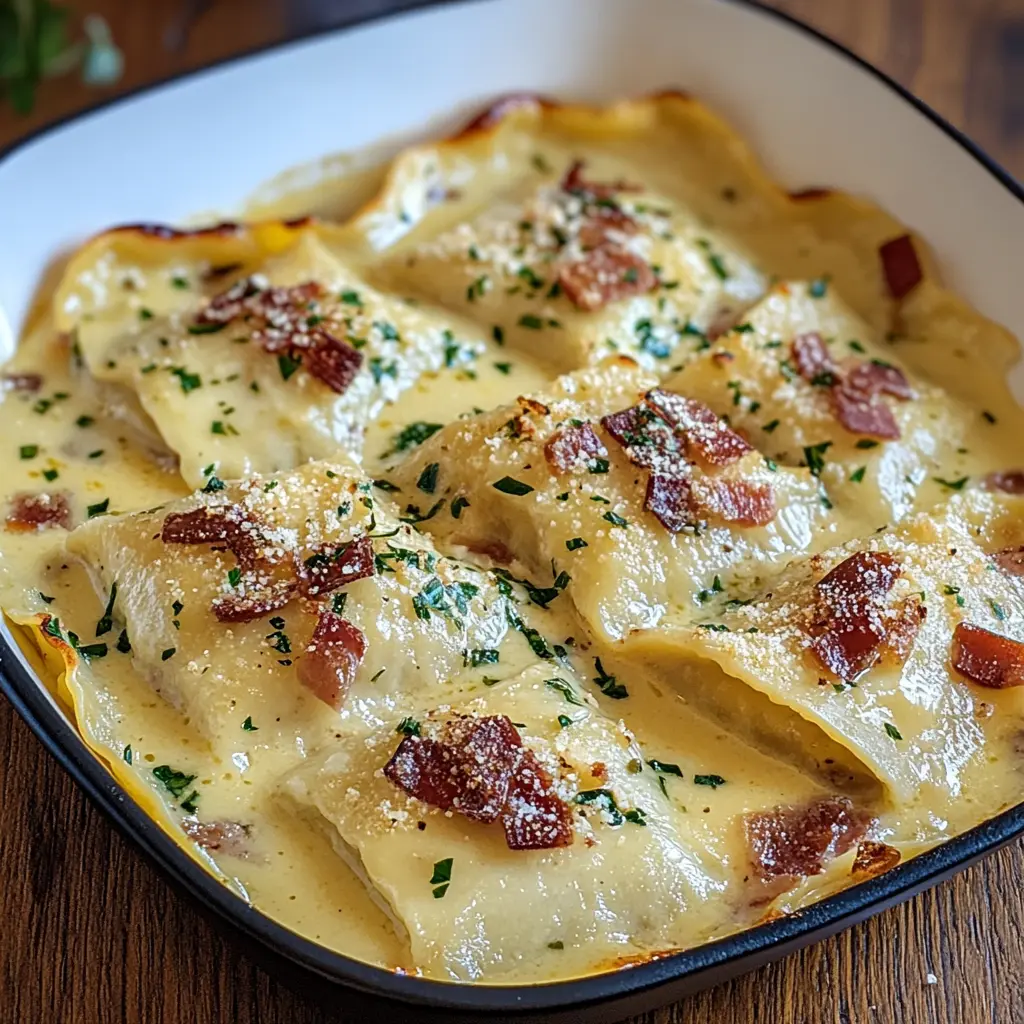 Ingredients for Olive Garden Inspired Ravioli Carbonara neatly arranged on a clean surface