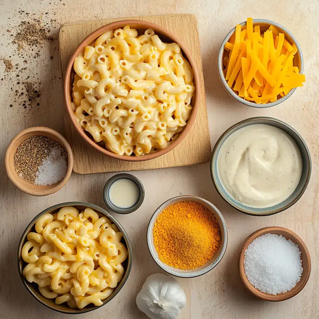 One Pot Creamy Mac and Cheese Easy and Delicious 6 Ingredients for one pot creamy mac and cheese arranged neatly
