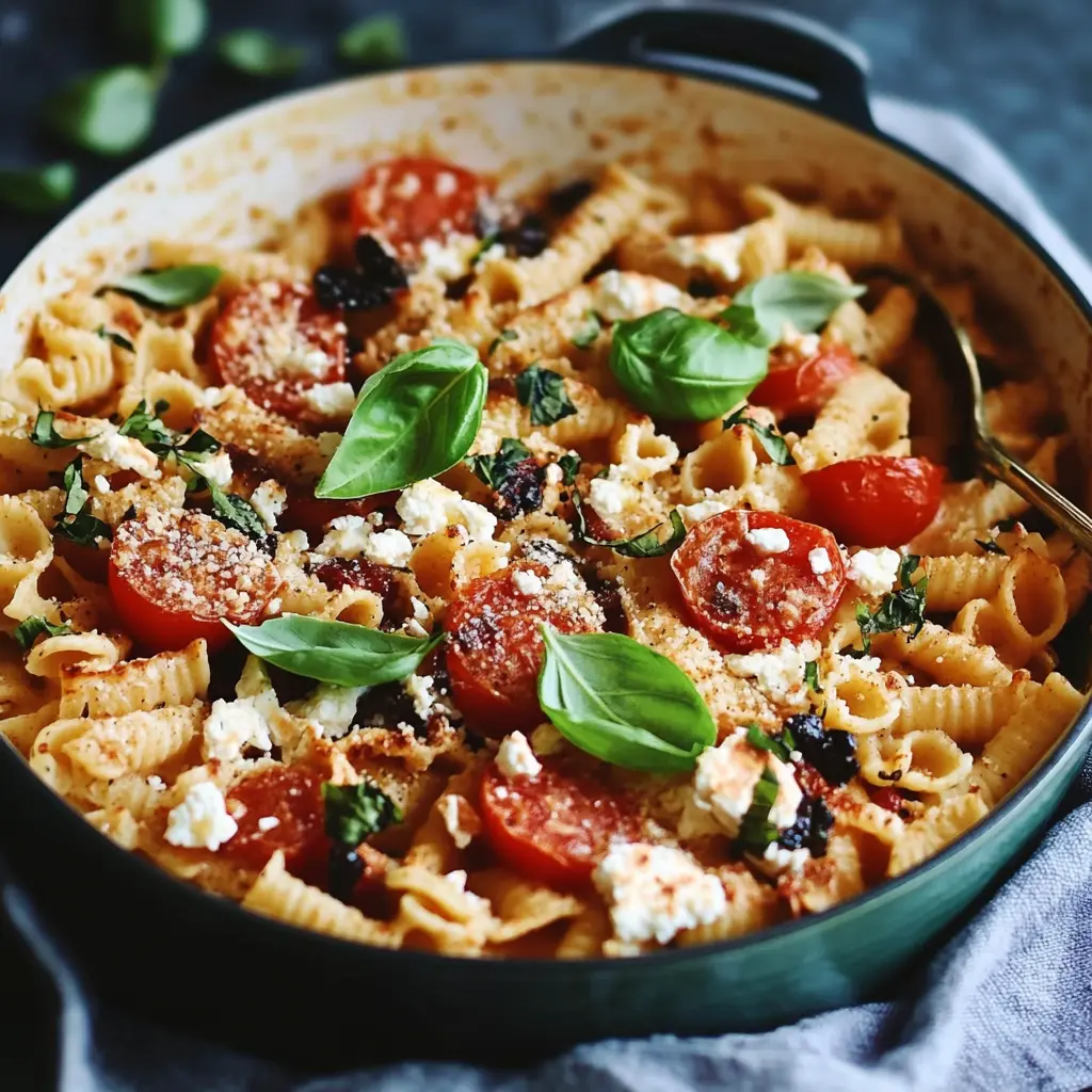 Ingredients for Original Baked Feta Pasta Recipe arranged neatly