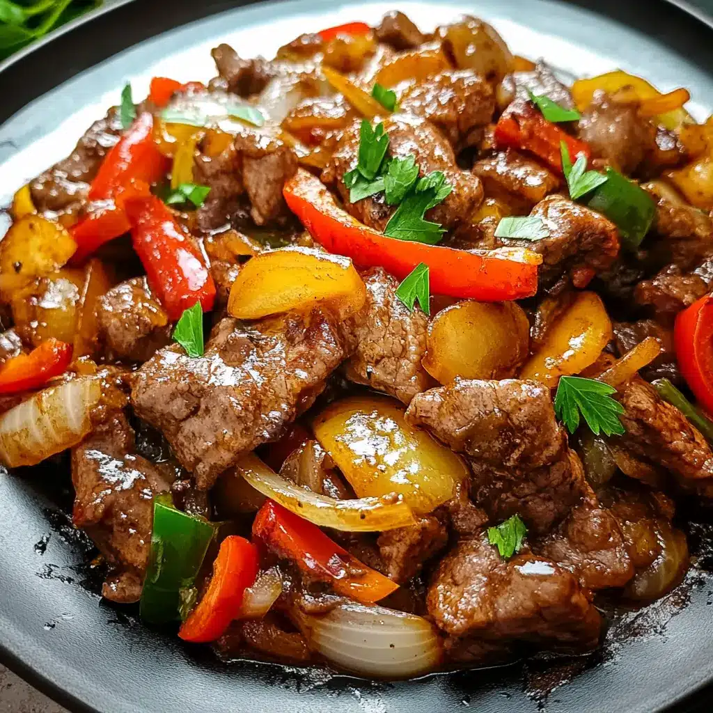 PEPPER STEAK WITH BELL PEPPERS AND ONION centered hero view, clean and uncluttered