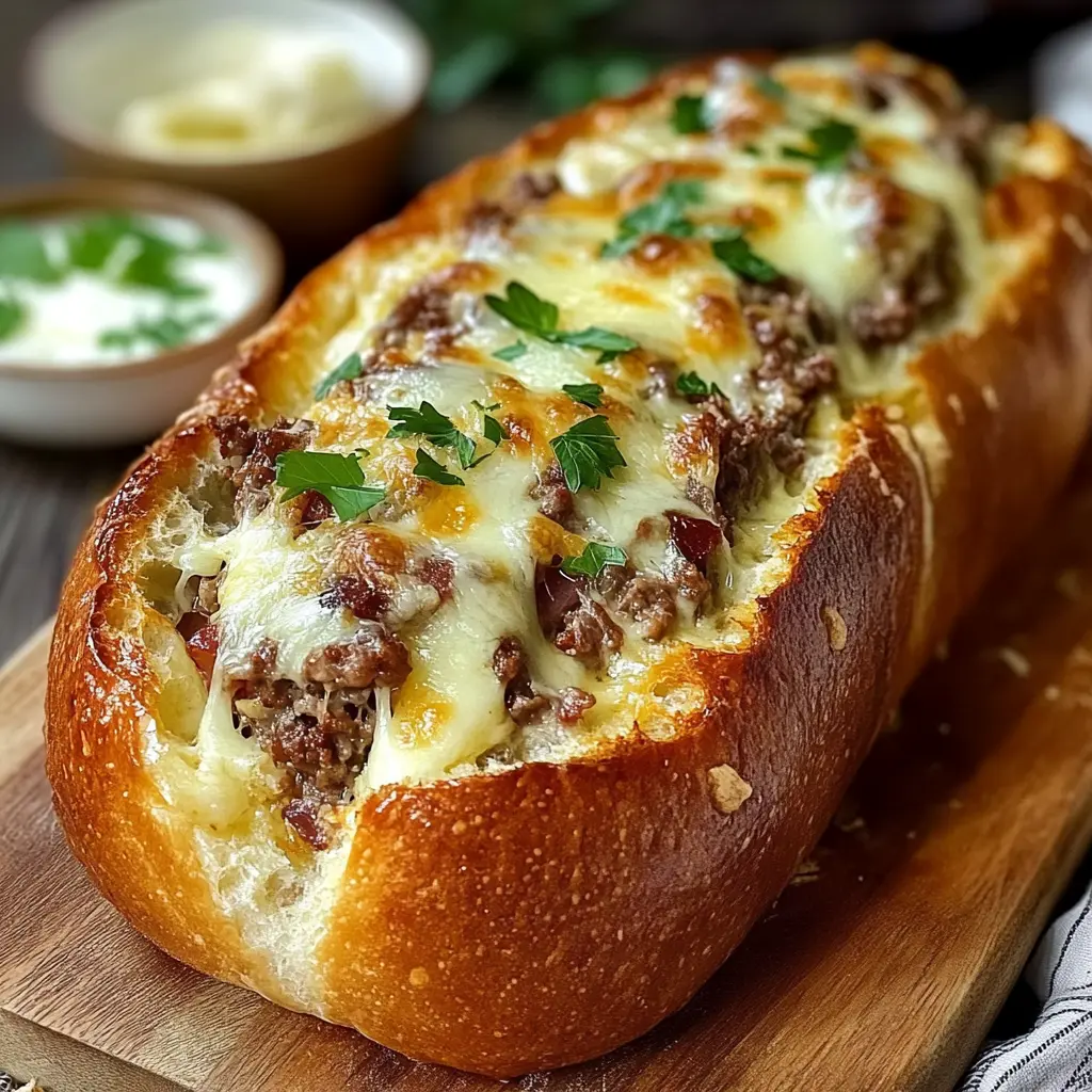 PHILLY CHEESESTEAK STUFFED GARLIC BREAD LOAF centered hero view, clean and uncluttered