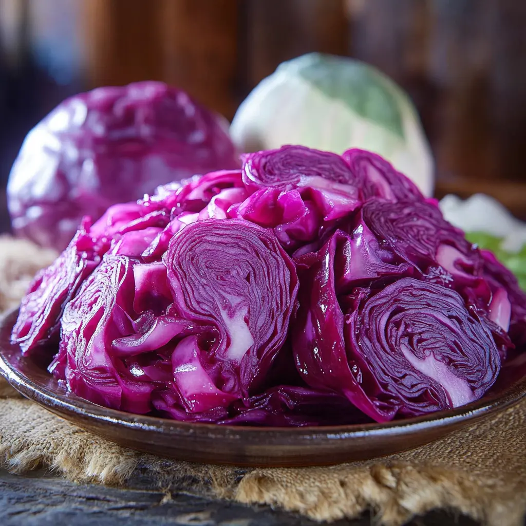 Ingredients for red cabbage sauerkraut, showing fresh purple cabbage and spices neatly arranged