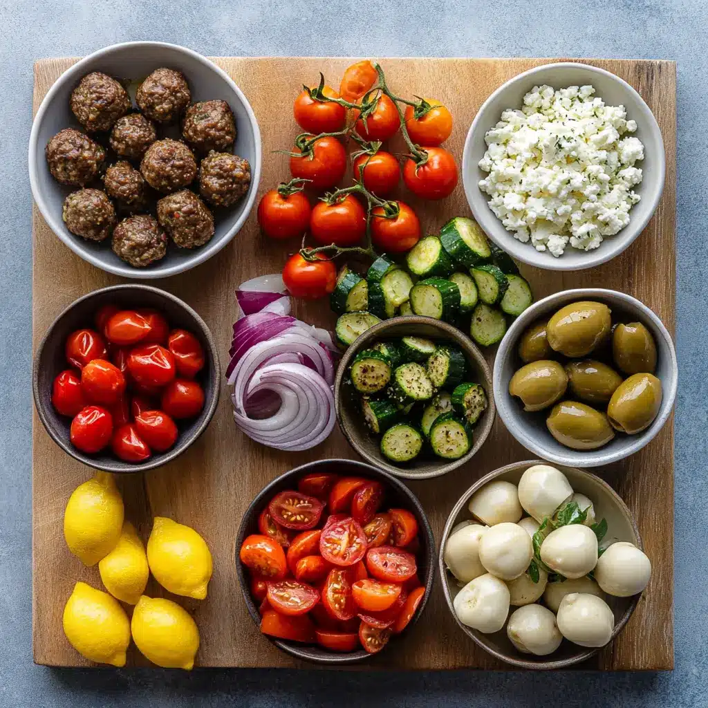 Sheet Pan Greek Meatballs and Vegetables: Easy & Delicious 6 SHEET PAN GREEK MEATBALLS AND VEGETABLES centered hero view, clean and uncluttered
