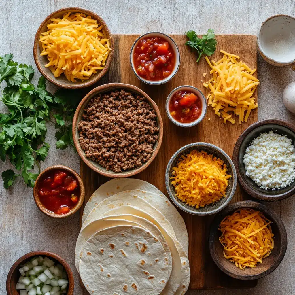 Sheet pan tacos ingredients arranged on a cutting board, including ground beef, tortillas, onion, and cheese