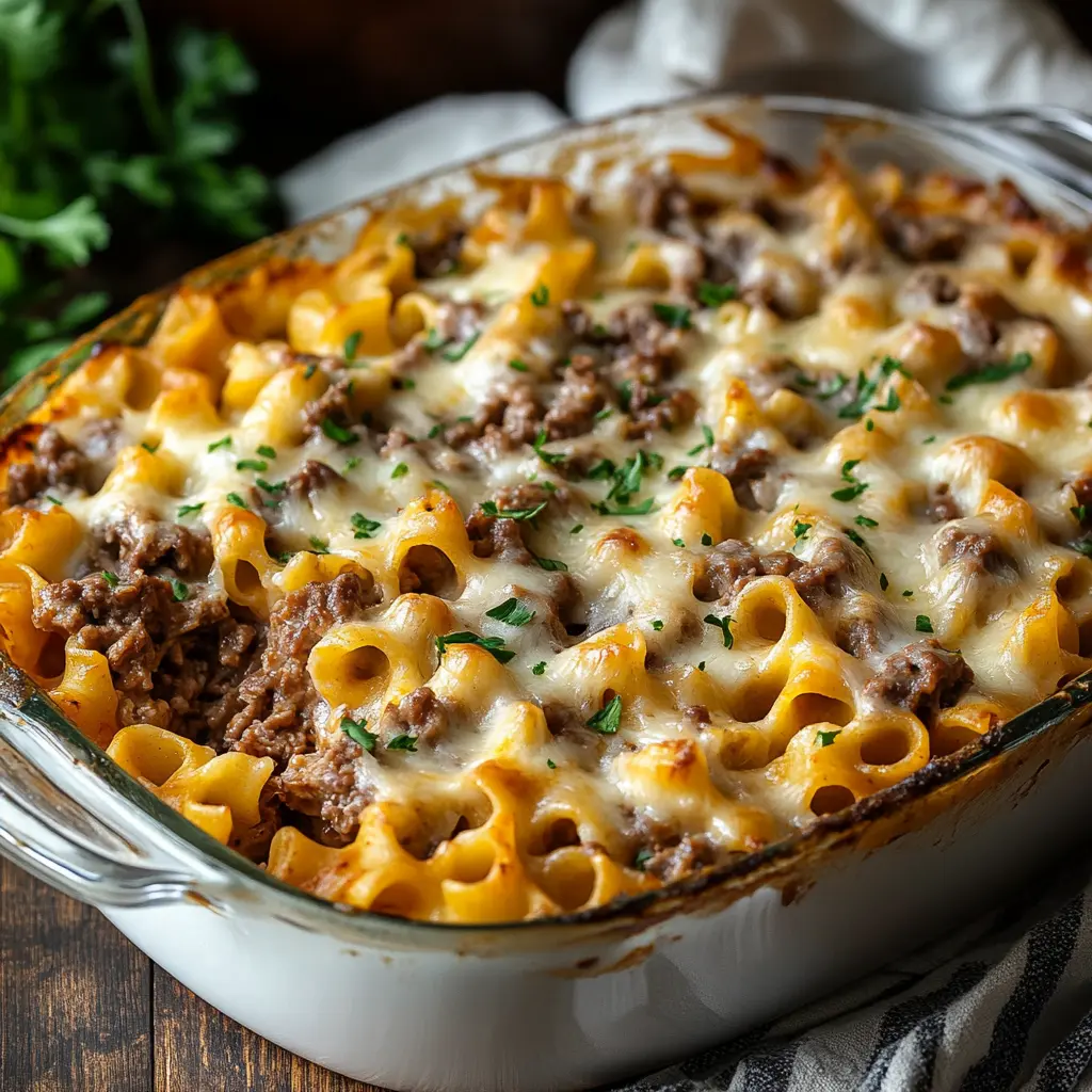 SOUR CREAM BEEF NOODLE CASSEROLE centered hero view, clean and uncluttered