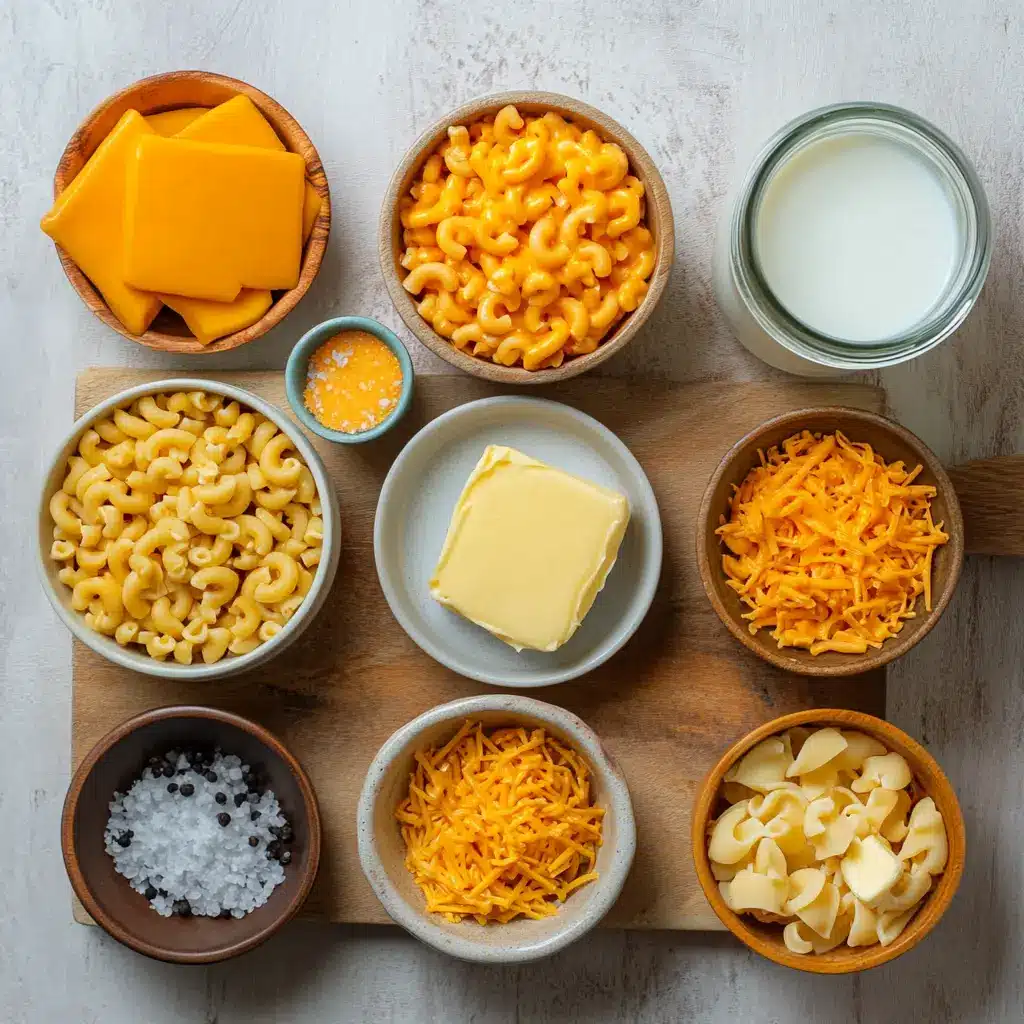 Ingredients for Southern Mac and Cheese Baked, neatly arranged