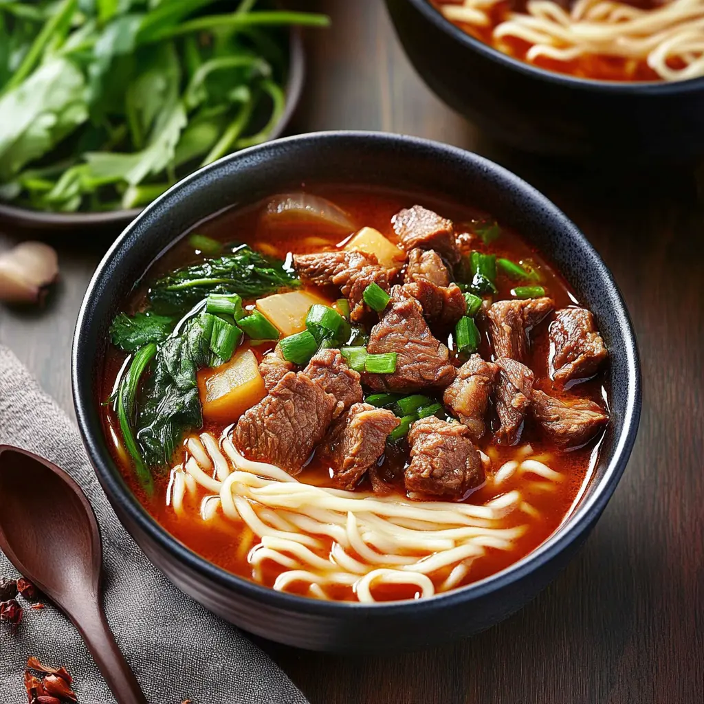 Ingredients for spicy beef noodle soup arranged neatly