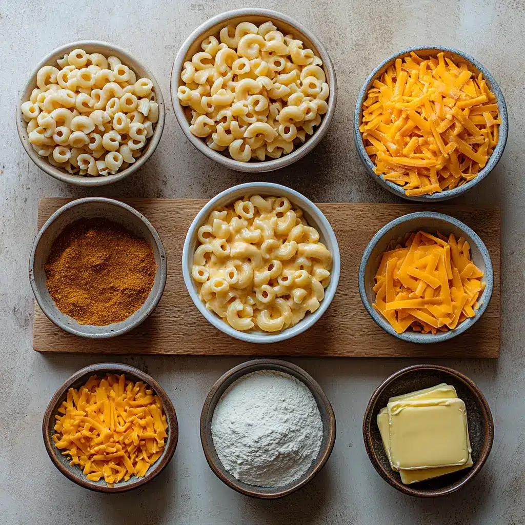 Stovetop Mac and Cheese Easy Delicious Recipe 6 Ingredients for stovetop mac and cheese, neatly arranged on countertop