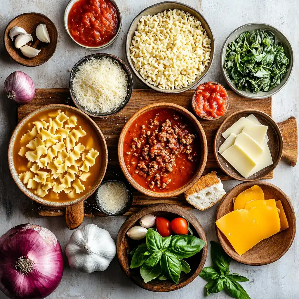 THE BEST LASAGNA SOUP RECIPE hero image, steaming in a rustic bowl