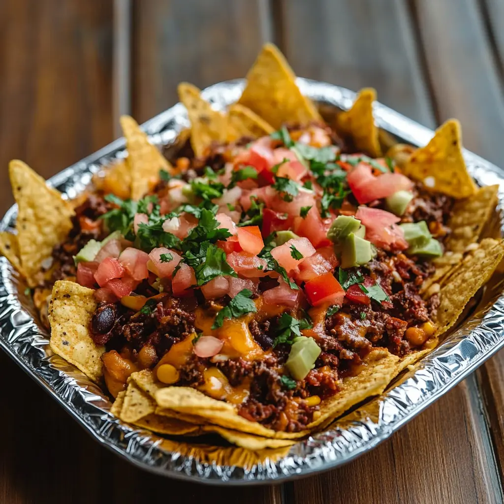 Tin foil packet nachos with melted cheese over crispy chips, arranged neatly