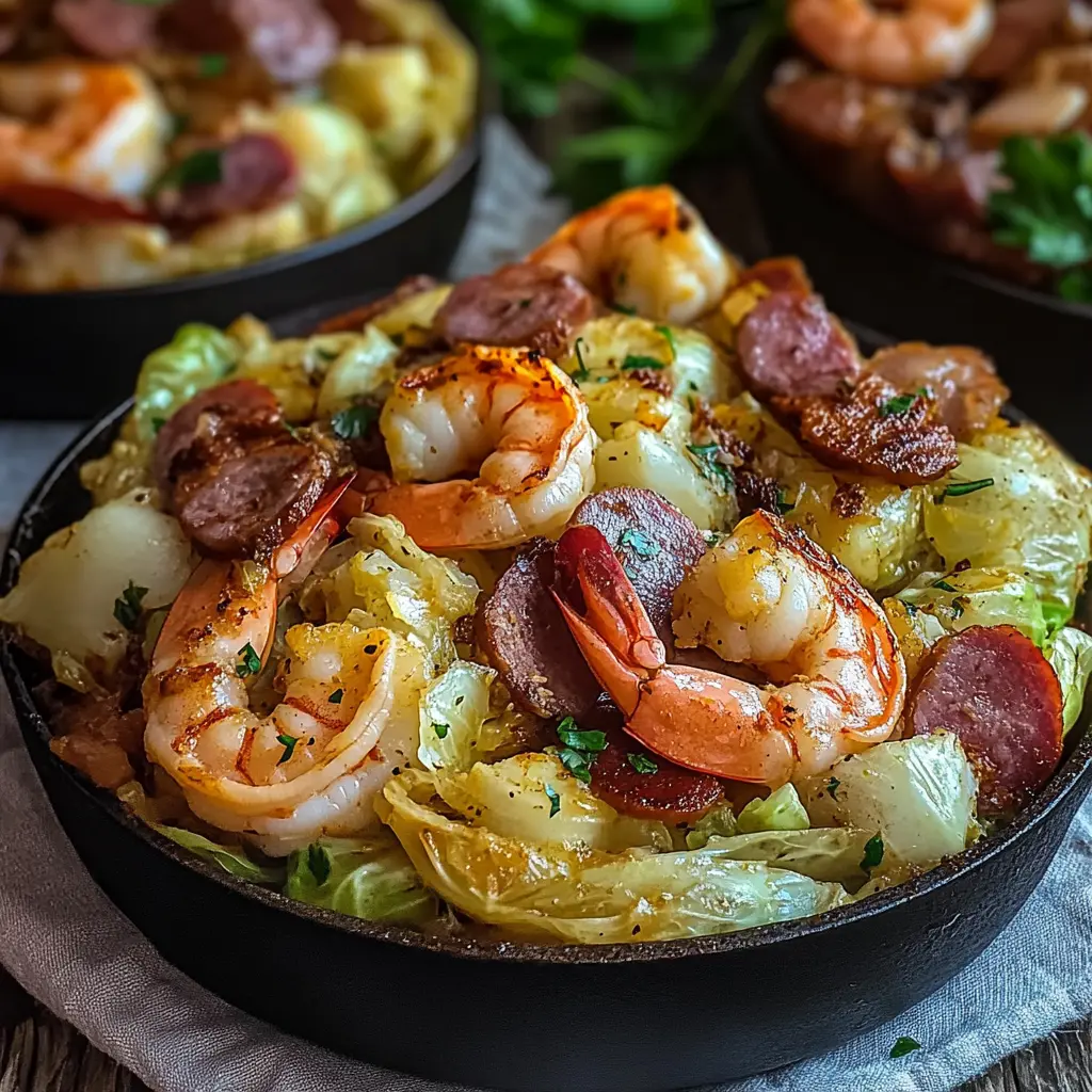 Viral Cabbage Boil with Sausage, Shrimp, and Bacon centered hero view, clean and uncluttered
