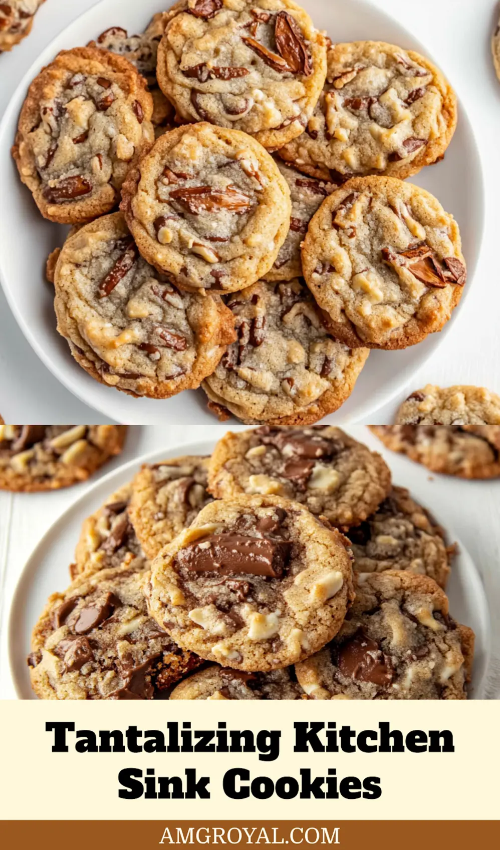 Pinterest image featuring a stack of golden Kitchen Sink Cookies with various sweet and salty toppings visible.