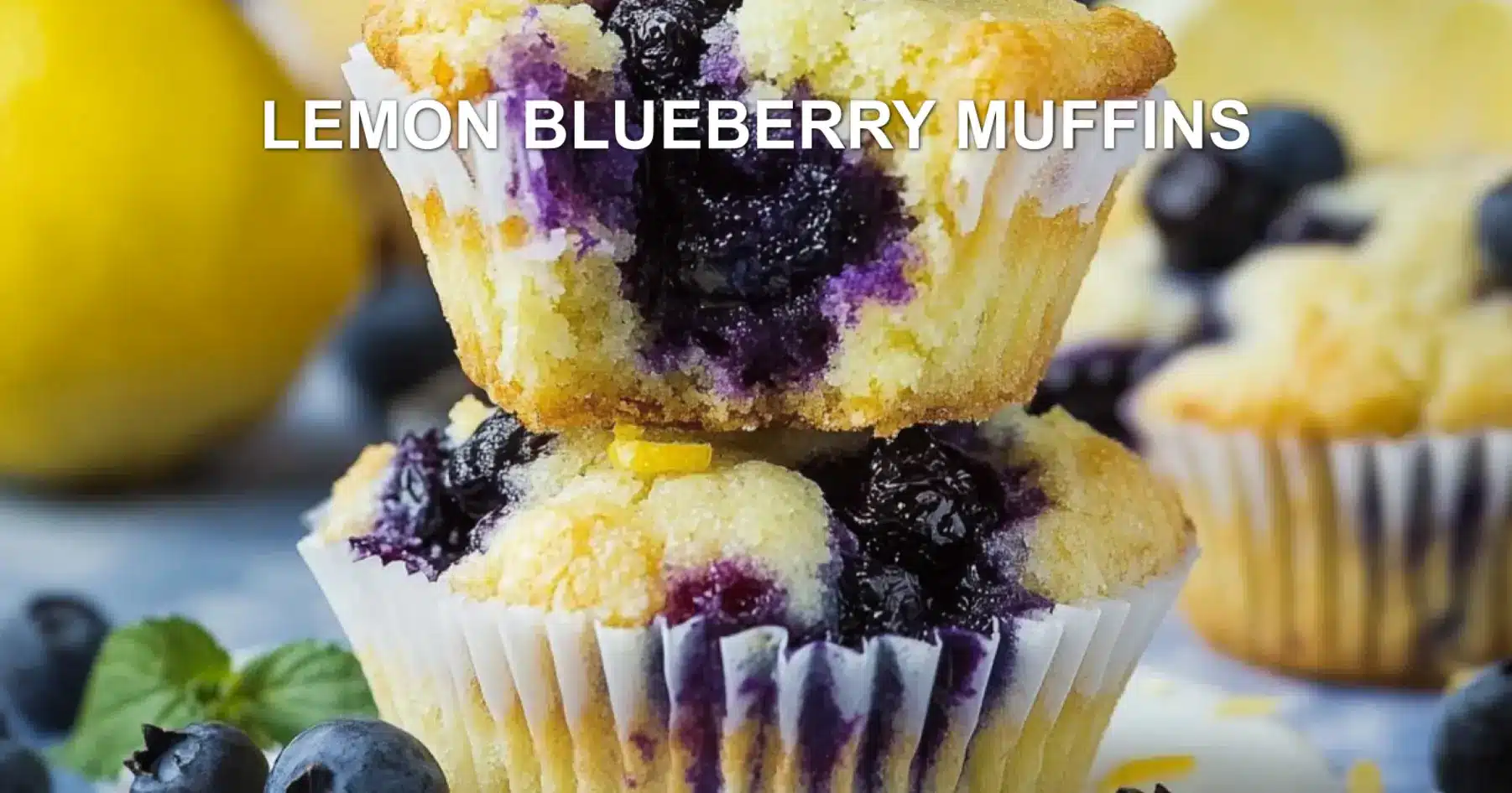 LEMON BLUEBERRY MUFFINS centered hero view, clean and uncluttered